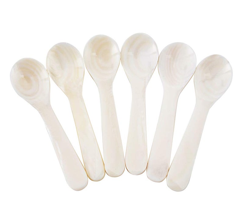 DUEBEL Set of 6 White Mother of Pearl Caviar Spoons for Caviar, Egg, Coffee Serving, Restaurant Serving Set (3.55) - Image 1